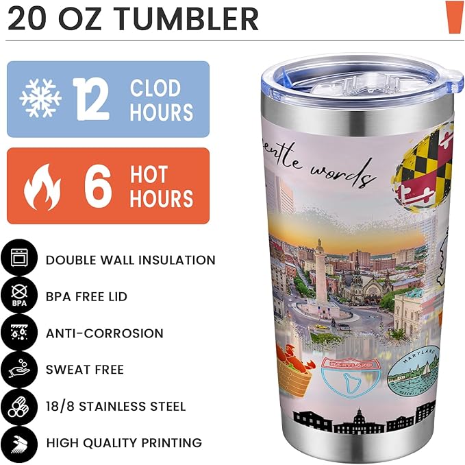 20oz Insulated Tumbler Maryland State Coffee Mug, United States Map Travel Mug Landmark, Birthday Gifts Cute Custom Tumbler Cups with Lid and Straw Mothers Day Gifts