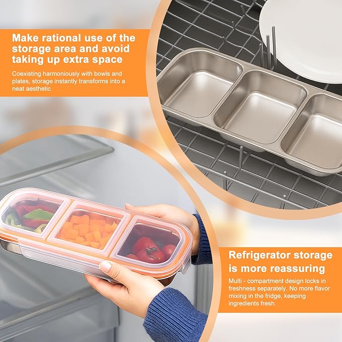 2Pack Stainless Steel Snack Containers for Kids & Adults, Reusable 3 Compartment Snack Containers with Lids, Leak Proof Metal Lunch Box, Stackable bento Box for Home, School and Travel