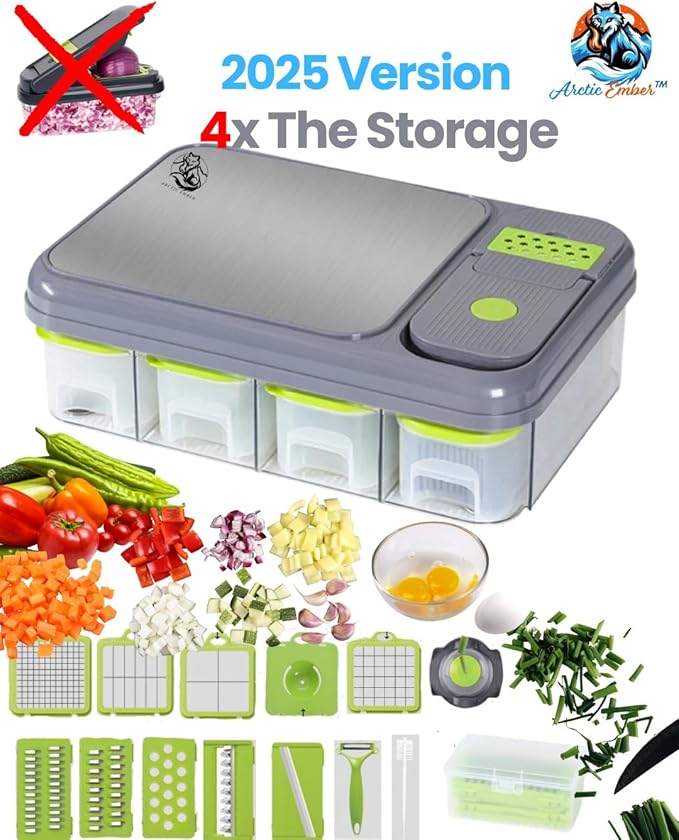 “28PCS Ultimate Vegetable Chopper Set – Multifunctional Food Processor with Large Container, Sharp Stainless Steel Blades & Hand Guard for Quick, Safe, Effortless Slicing, Dicing & Grating”