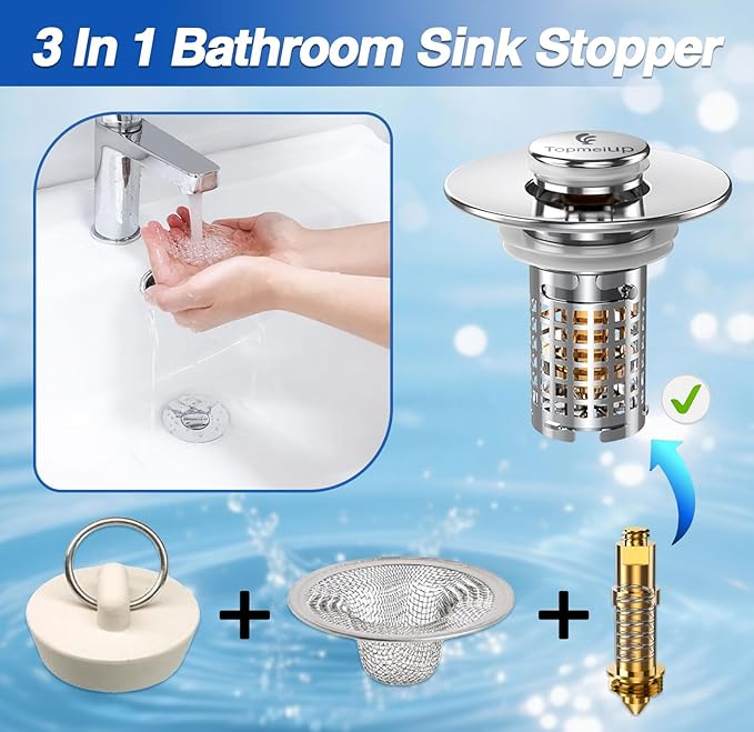 Sink Stopper Hair Catcher, Pop-up Sink Drain Strainer with Removable Stainless Steel Strainer Basket Hair Catcher, Bathroom Sink Strainer for Bathroom Sink Stopper Replacement