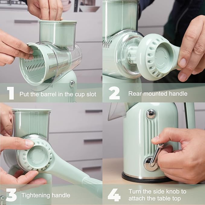 Rotary Cheese Grater Hand Crank with 5-in-1 Interchangeable Blades & Strong Suction Base Vegetables Shredder Manual Slicer for Kitchen, Green