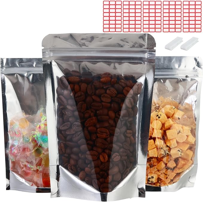 150-pack 7” x 10” Stand Up Mylar Bags with Clear Window 1 Quart Resealable Silver Aluminum Foil Pouches for Food Storage Smell Proof Edible Packaging Bag for Small Business Bulk
