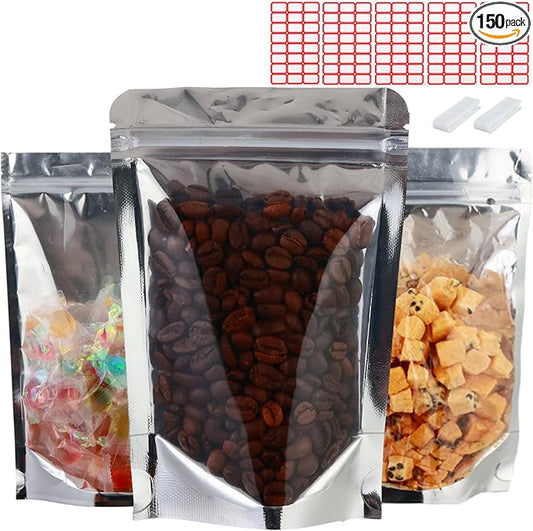 150-pack 5.9” x 8.7” Stand Up Mylar Bags with Clear Window Resealable Silver Aluminum Foil Pouches for Food Storage Smell Proof Edible Packaging Bag for Jewelry and Small Business, Bulk