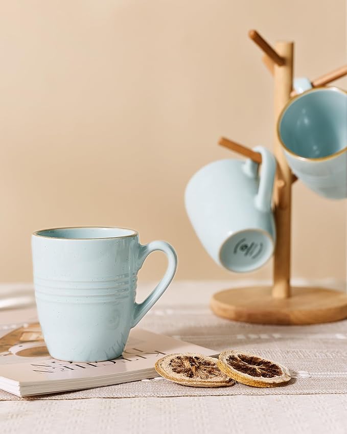 famiware Jupiter Coffee Mugs Set of 6, 14 OZ Coffee Mug, Microwave and Dishwasher Safe, Coffee Cups with Handle for Coffee, Tea, Cocoa, Milk, Light Blue