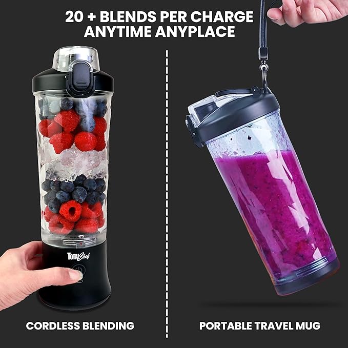 Total Chef Portable Blender - For Smoothies & Protein Shakes, USB Rechargeable Cordless Mini Travel Mixer, Personal Juicer, Ice Crusher, Blender Bottle for Home & Kitchen, 20oz, Black