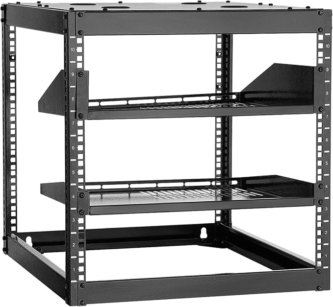 VEVOR 10U Server Rack, Open Frame Network Rack,4-Post Floor Standing or Wall Mounted, Includes 2PCS Vented 1U Rack Shelves & Mounting Hardware, Computer Wall Rack for 19" IT/AV Equipment