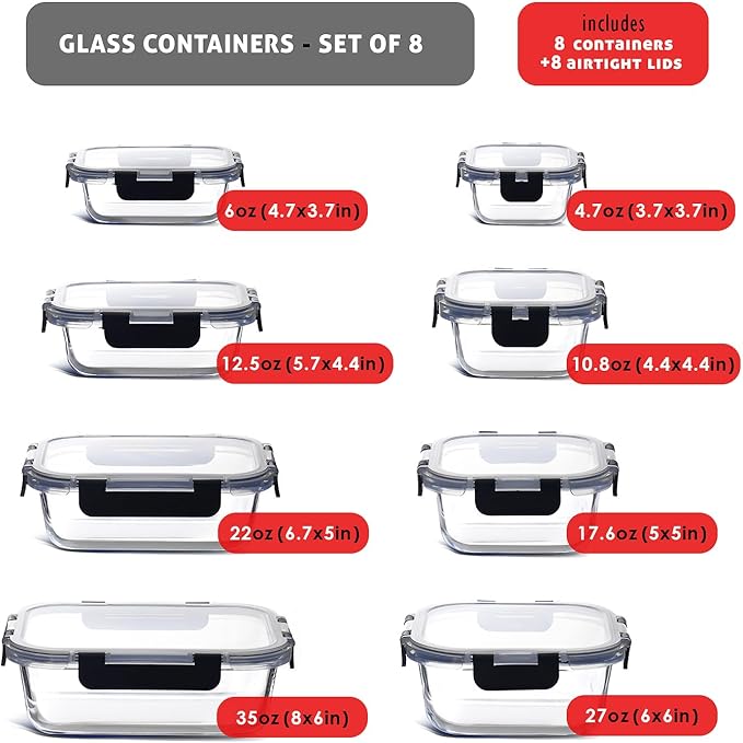 EATEX 16pc Glass Food Storage Containers with Lids, Airtight Glass Meal Prep Containers, 8 Reusable Food Storage Bins with 8 Leakproof Snap Lock Lids, Oven Microwave Freezer Safe Lunch Containers