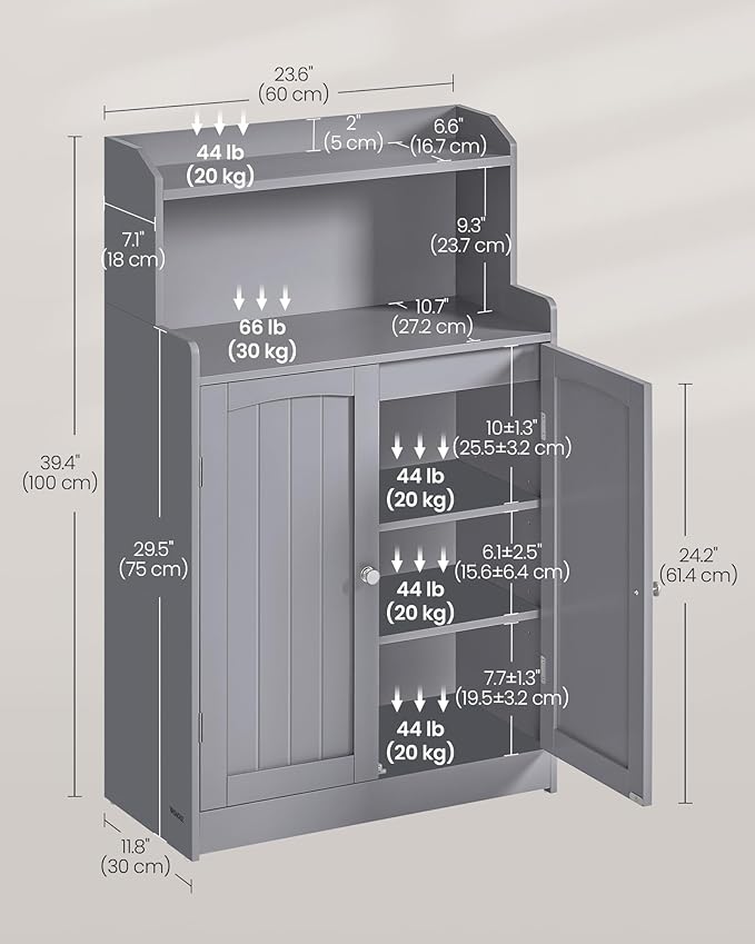 VASAGLE 39.4-Inch Tall Storage Cabinet, Floor Cabinet with 2 Doors, 2 Adjustable Shelves, Freestanding, for Bathroom, Kitchen, Living Room, Dove Gray UBBC770G02