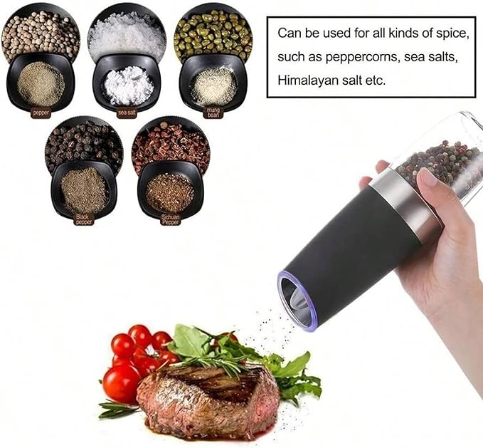 Gravity Electric Salt and Pepper Grinder Set - 1 Pack Automatic Mills with Adjustable Coarseness, LED Light, Battery Powered, One-Handed Use (Black) (Black Single Pack (Includes Cleaning Brush))