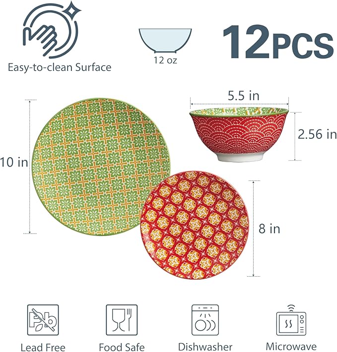 ONEMORE Ceramic Dinnerware Set, 12 Pieces Dish Sets for 4, Porcelain Plates and Bowls Sets, Microwave and Dishwasher Safe, Colorful