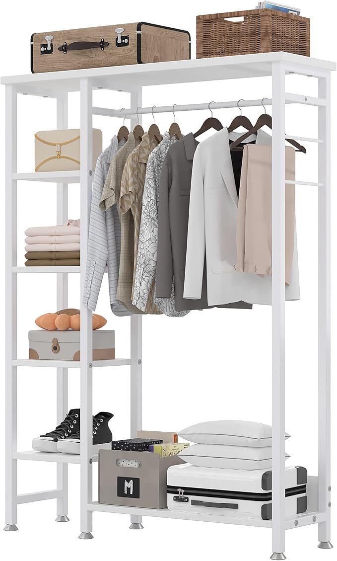 VECELO Open Garment Clothing Rack, Free-Standing Heavy Duty Storage Closet with 5 Shelves and Hanging Rod for Small Spaces, Max Load 350LBS, White