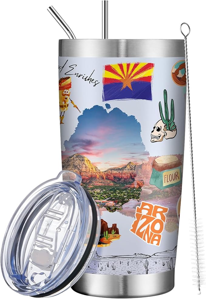 20oz Insulated Tumbler Arizona State Coffee Mug, United States Map Travel Mug Landmark, Birthday Gifts Cute Custom Tumbler Cups with Lid and Straw Mothers Day Gifts