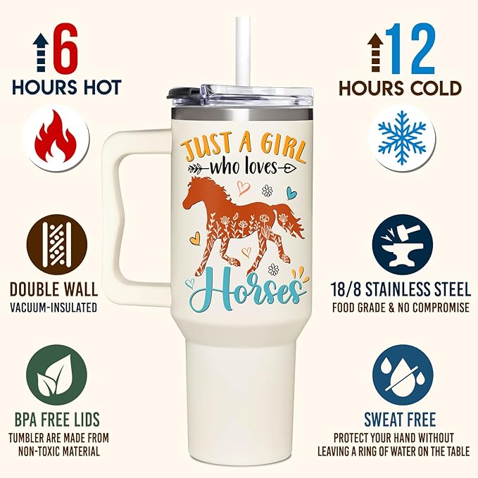 Horse Gifts For Girls - Horse Gifts for Women - Christmas, Mothers Day, Birthday Gift For Horses Lovers - Horses Riding Lover Gift - 40Oz Tumbler With Handle & Straw