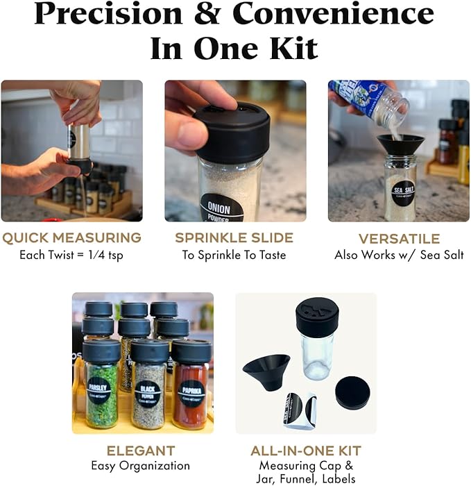 Spice Jar & Measuring Cap Set – Measure Straight From The Spice Jar! Faster Meal Prep, No Mess or Clean Up. 1 Pack Holiday Special!