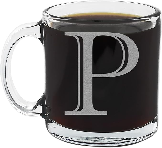 Spotted Dog Company Etched Monogram 12oz Clear Glass Coffee Mug (Letter P), A-Z Customized Coffee Gifts, Custom Engraved Gifts for Women Her, Personalized Gift for Men, Initial