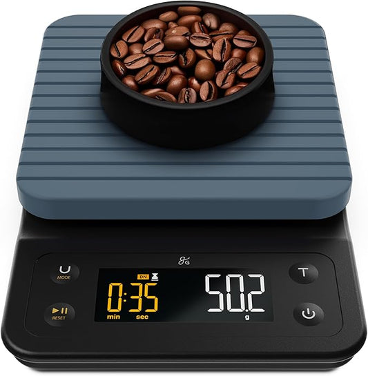 Greater Goods Digital Coffee Scale with Timer – Accurate 0.1g Precision, Multi-Color Display, Waterproof & Heat-Resistant Cover, for Pour-Over, Espresso, French Press, and Kitchen Use (Stone Blue)