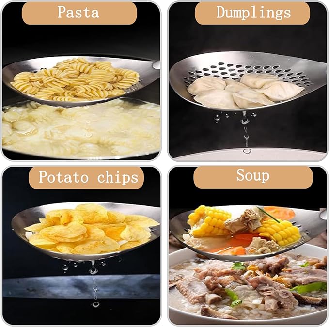 Stainless Steel Colander Strainer Pasta Food Noodle Grease Drain Fine Mesh Metal Kitchen Universal Clip on Spider Handle 5.8 Inch