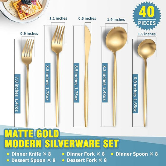 Lemeya Matte Gold Silverware Set for 8,Modern Stainless Steel Brushed Cutlery Set,40-Pieces Heavy Duty Flatware Set,Knives Spoons and Forks Set Utensils Set,Satin Finish,Dishwasher Safe