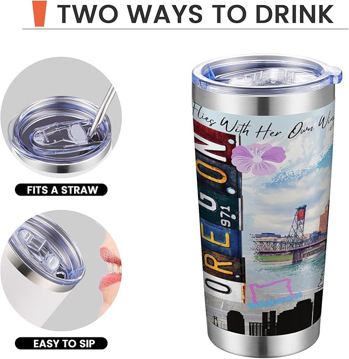 20oz Insulated Tumbler Oregon State Coffee Mug, United States Map Travel Mug Landmark, Birthday Gifts Cute Custom Tumbler Cups with Lid and Straw Gifts for Mom