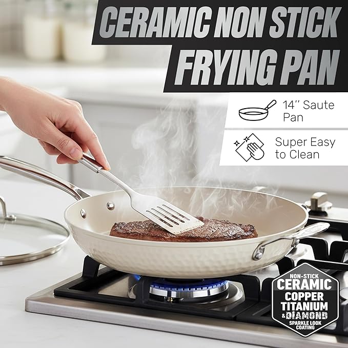 GOTHAM STEEL HAMMERED 14 Inch Non Stick Frying Pans with Lid, Extra Large Frying Pans Nonstick Cooks Family Sized Meals, Non Toxic PFOA Free, Induction Ready, Oven and Dishwasher Safe