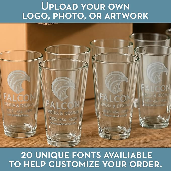 Personalized Pint Beer Glass 16oz – Custom Etched Drinking Glass with Your Logo – Bulk Laser Engraved Promotional Products for Business, Company Branding, Events, Weddings, Party Favors