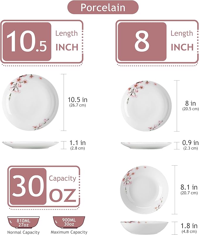 VEWEET 18 Pieces Dinnerware Sets for 6, Porcelain Plates and Bowls Set with Pink Floral, Classic Dishes Set Dining Ware for Dinner, Microwave and Dishwasher Safe, Series ANNIE