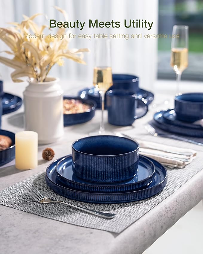 Famiware Star Dinnerware Set with Pasta Bowls, Service for 6 (24 Pieces), Ribbed Stoneware Plates and Double Bowls Sets - Chip & Scratch Resistant, Microwave & Dishwasher Safe Dishes, Nebulas Blue