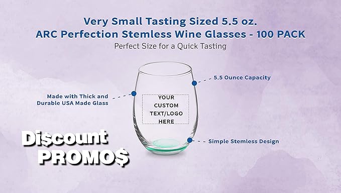 Custom Stemless Wine Glasses by ARC 5.5 oz. Set of 100, Personalized Bulk Pack - Perfect for Hotel, Bar, Restaurant or Lounge - Green