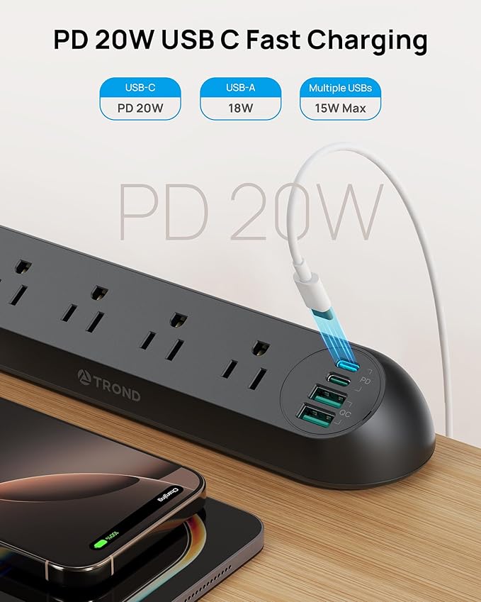 TROND Desk Clamp Power Strip USB C PD 20W - Flat Plug 10ft Extension Cord, Surge Protector with 4 AC Outlets 4 USB Ports, 1700J, ETL Listed, Fits 1.97 inch Tabletop Edge, for Home Office, Black