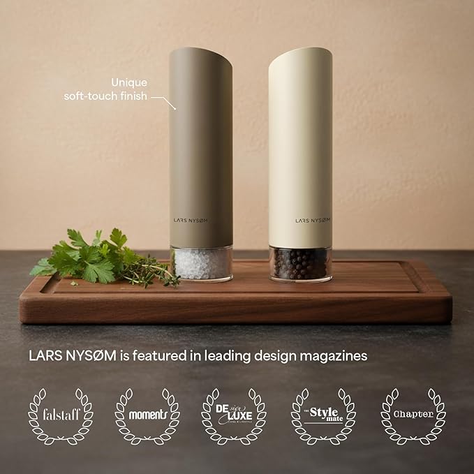 LARS NYSØM Gravity Grinder - Electric Salt & Pepper Grinder Set - USB-C Rechargeable Automatic Spice Grinder, Adjustable Coarseness, One-Handed Operation for Kitchen (Sage Green)