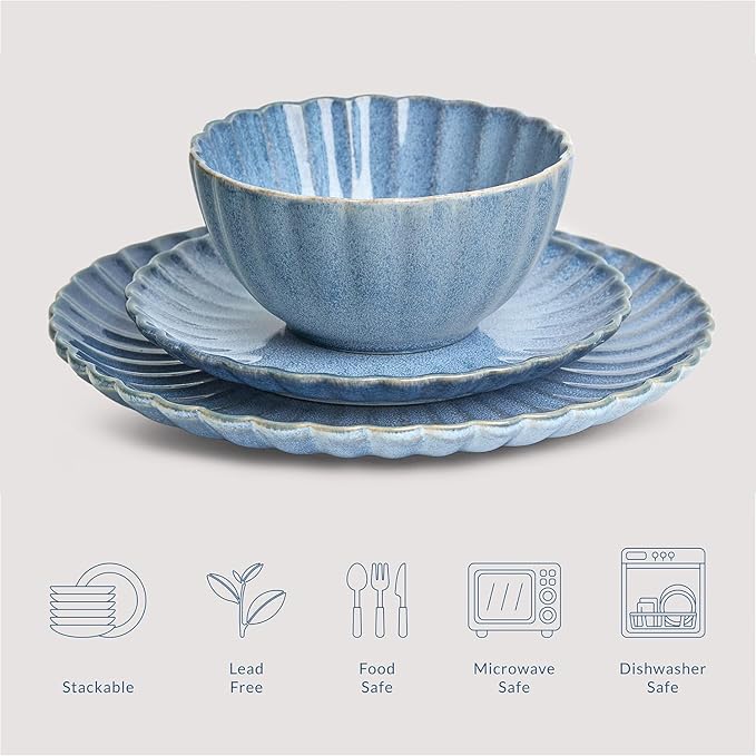 Sango 12 Pieces Stoneware Dinnerware Set, Modern Reactive Blue Dishes for 4, Premium Serving Plates and Bowls Sets, Chip Resistant Plate, Ceramic Dishware, Kitchen Dish Set, Scallop Dining Ware, Frill