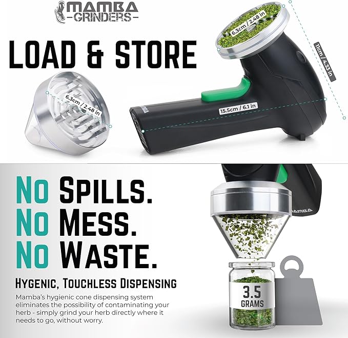 Mamba Monster 3.5g Electric Herb Grinder. Large Capacity Portable Metal Herbal Machine & Spice Mill for the Kitchen (Silver)