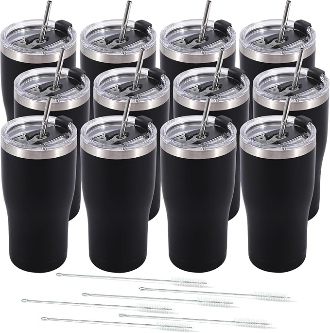 Dongni 20oz Tumbler with Lid Stainless Steel Tumblers Bulk, Double Wall Vacuum Insulated Coffee Travel Mug Powder Coated Tumbler（Black 12 pack）