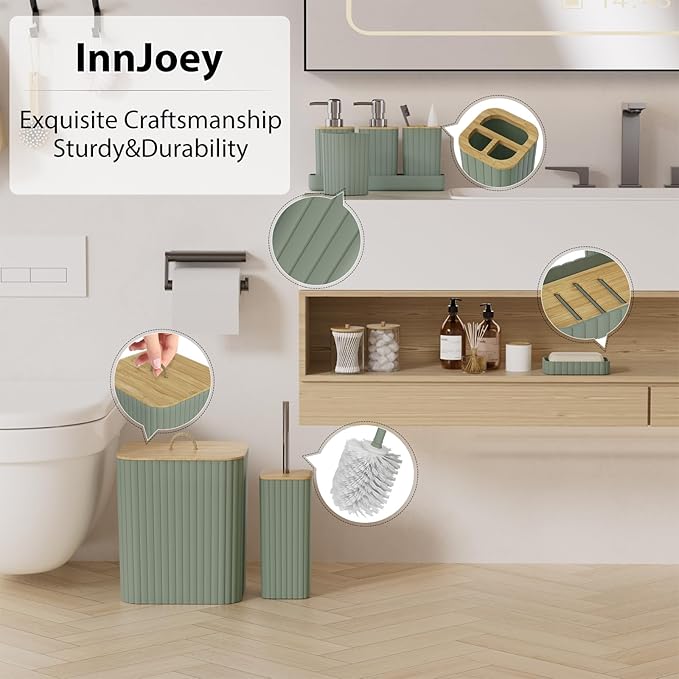 Bathroom Accessory Set - 25PC Bathroom Sets with Shower Curtain and Rugs, Sage Green Bathroom Set, Bathroom Accessories Set, Shower Curtain Sets with Rugs, Bathroom Trash Can & Soap Dispenser