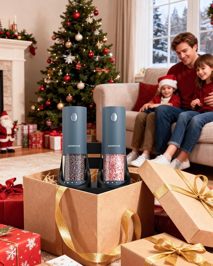 Electric Salt and Pepper Grinder Set - Automatic Refillable Salt and Pepper Grinders with Charging Base & LED Light, 6-Level Adjustable Coarseness with External Dial, Ideal Kitchen Gadget，Blue
