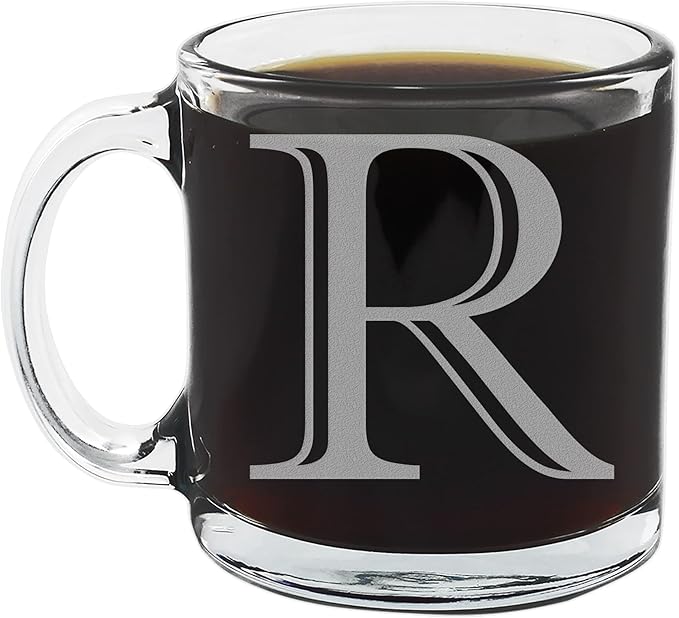 Spotted Dog Company Etched Monogram 12oz Clear Glass Coffee Mug (Letter R), A-Z Customized Coffee Gifts, Custom Engraved Gifts for Women Her, Personalized Gift for Men, Initial