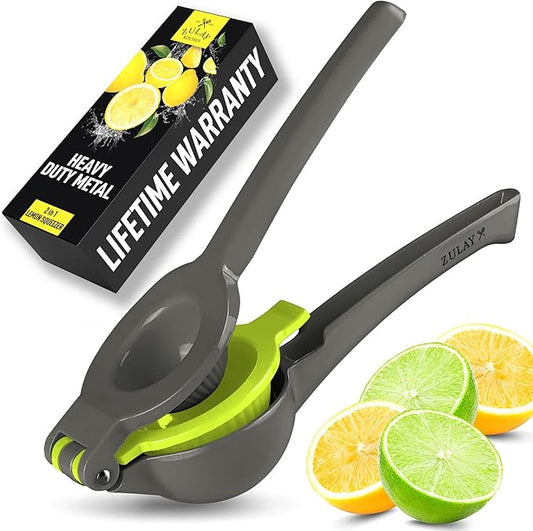Zulay Kitchen Metal 2-in-1 Lemon Squeezer - Sturdy Max Extraction Hand Juicer Lemon Squeezer Gets Every Last Drop - Easy to Clean Manual Citrus Juicer - Easy-Use Lemon Juicer Squeezer - Gray/Lime