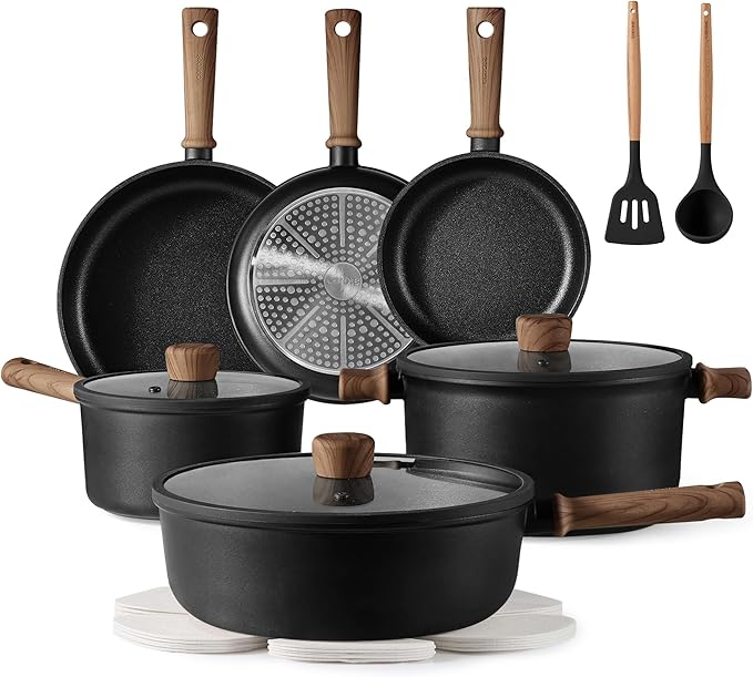 CAROTE Nonstick Pots and Pans, Induction Cookware Set Kitchen Cooking Sets, Non Stick w/Frying Pan (PFOS, PFOA Free), Black, 16pcs