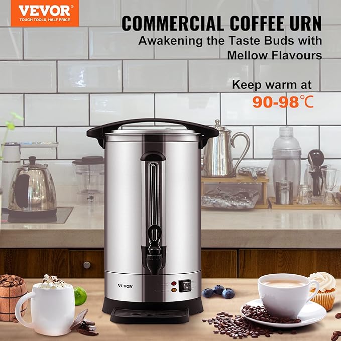 VEVOR Commercial Coffee Urn, 65Cups/9.75L Stainless Steel Large Coffee Dispenser, 1500W 110V Electric Coffee Maker Urn For Quick Brewing, Hot Water Urn with Water Gauge for Easy Viewing