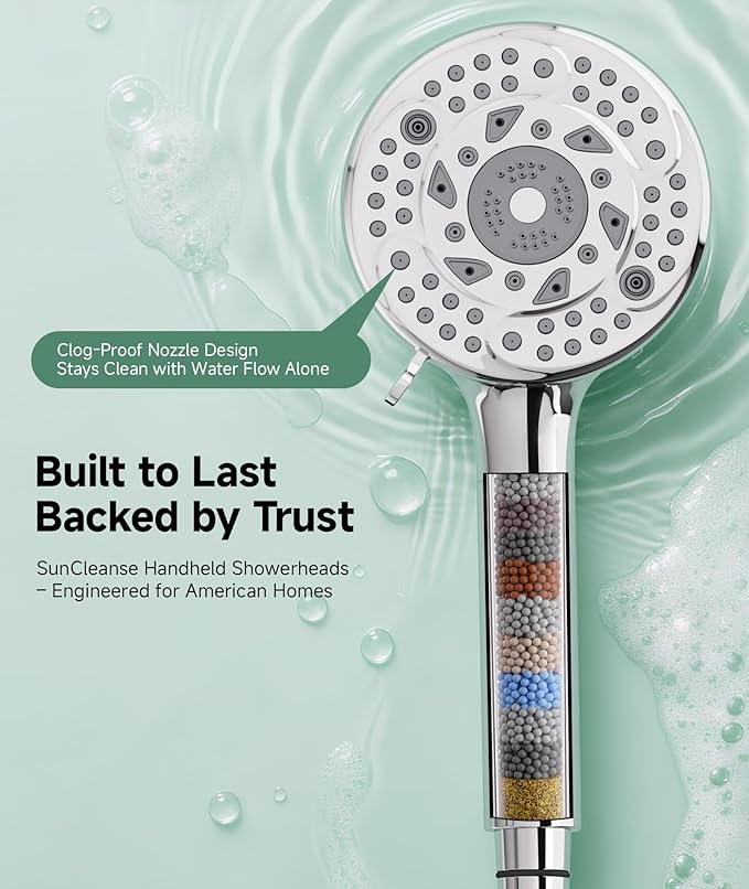 SunCleanse Filtered Shower Head with Handheld, 9-Spray Setting Detachable Showerhead with Filters, Shower Head for Hard Water - Filtered Chlorine, Improve Skin and Hair Texture, Chrome