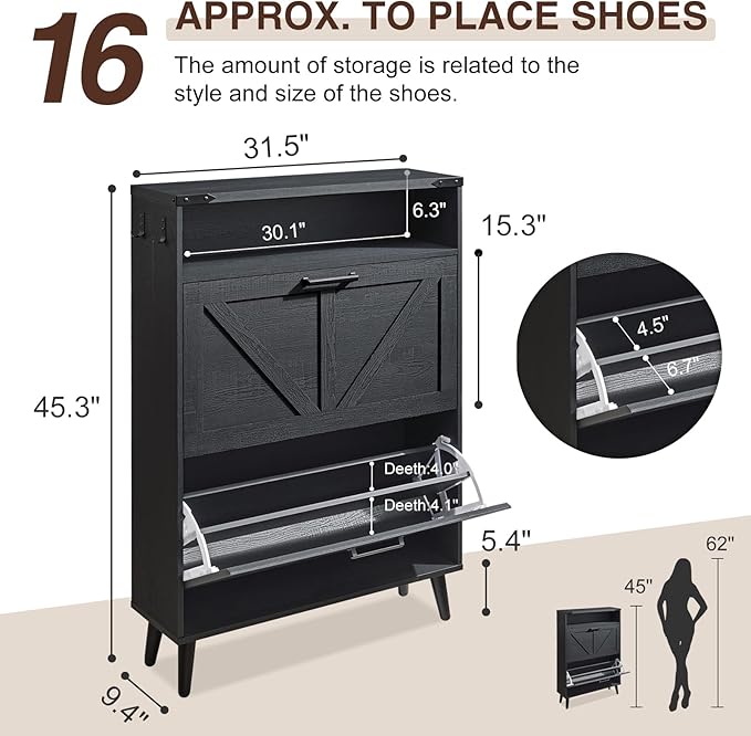 Shoe Storage Cabinet, Farmhouse Shoe Organizer with 2 Flip Drawers & Barn Door,Freestanding Hidden Slim Narrow Shoe Rack Cabinet with Open Storage for Entryway, Foyer, Black