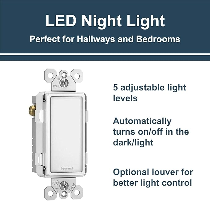 Legrand radiant NTLFULLWCC6 Full Adjustable LED Night Light Outlet, For Hallways and Stairs, Optional Louver, White (1 Count)