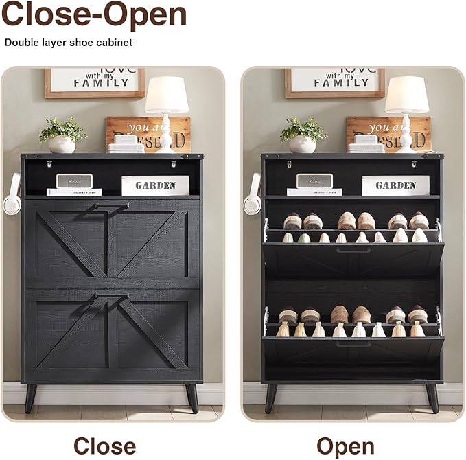 Shoe Storage Cabinet, Farmhouse Shoe Organizer with 2 Flip Drawers & Barn Door,Freestanding Hidden Slim Narrow Shoe Rack Cabinet with Open Storage for Entryway, Foyer, Black