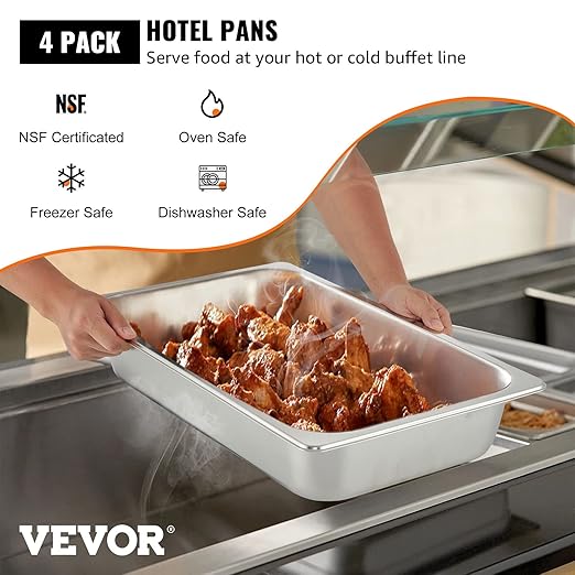 VEVOR 4 Pack Full Size Steam Table Pan,4 Inch Deep, 13L Capacity - Stainless Steel Food Container for Oven, Hotel - Anti-Jam Design