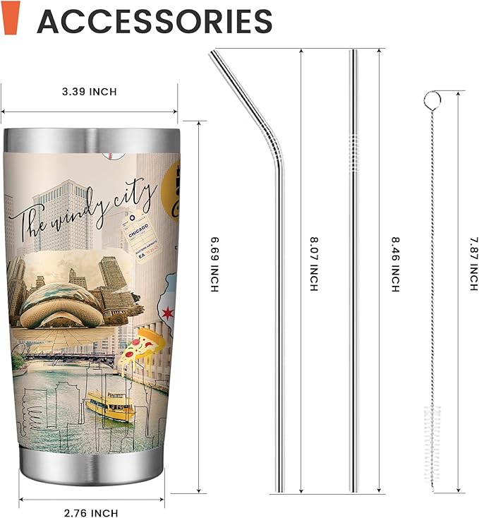 20oz Insulated Tumbler Chicago City Coffee Mug, United States Map Travel Mug Landmark, Birthday Gifts Cute Custom Tumbler Cups with Lid and Straw Gifts for Mom