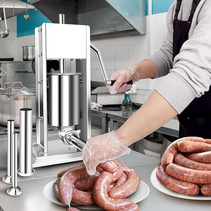 YBSVO 7 lb. Stainless Steel Vertical Manual Sausage Stuffer with 5/8", 7/8", 1 1/4", and 1 1/2" Stainless Steel Funnels