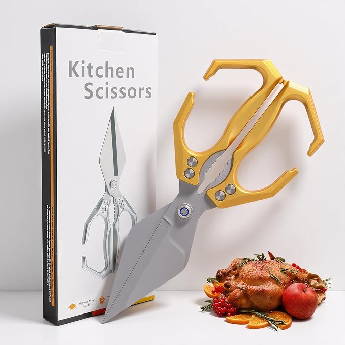 Heavy Duty Kitchen Scissors All purpose, poultry shears for food Cutting Meat, Chicken, Bones, Seafood, Herbs, Nuts, Packages, Culinary scissors with Ergonomic Handle gold