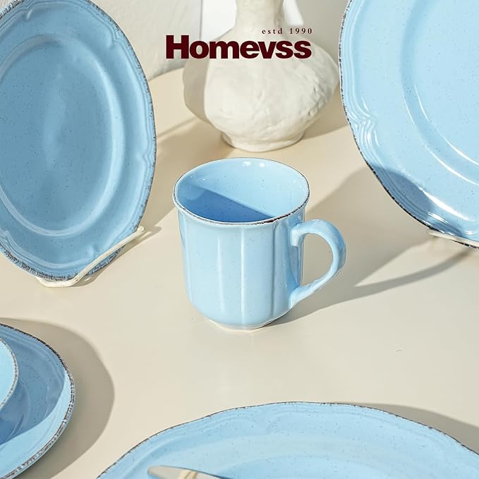 20pc Dinnerware Set, Plate and Bowl Set, Stoneware Dishes Set for 4, Microwave and Dishwahser Safe, Scratch Resistant, French Countryside Speckled Antique Blue