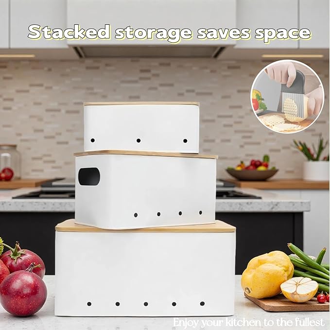 Modern kitchen storage container, stacked metal storage box, 3-piece set with wooden lid design, onion, garlic, potato metal cans, breathable storage box (White)