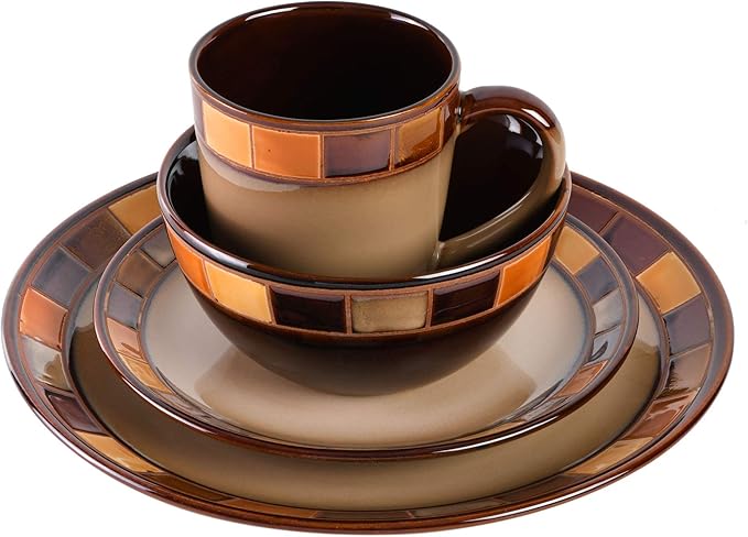 Gibson Casa Estebana 16-Piece Dinnerware Set, Service for 4 – Beige and Brown Stoneware Plates and Bowls